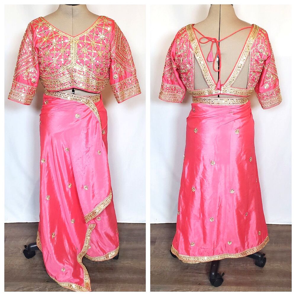 NEW Cbazaar Women’s Saree and Blouse/ Choli Size Medium Pink Silk Embroidered